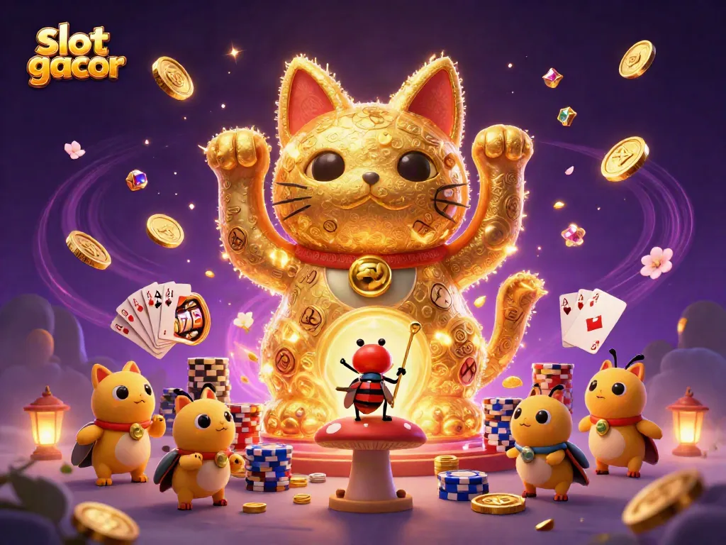 Menggenggam keberuntungan slot gacor dengan kucing raksasa panas dikelilingi koin emas dan simbol kasino berkilau.