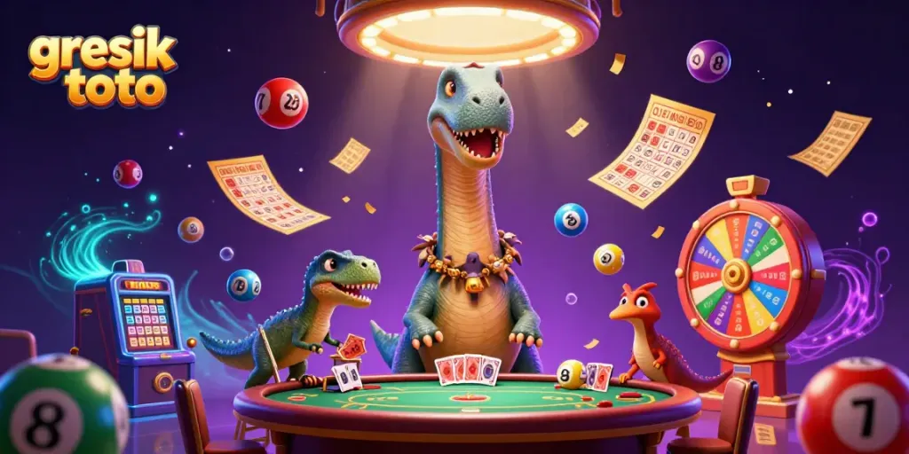 Experience the vibrant action at gresik toto with a giant brontosaurus and clever raptor in a dynamic casino scene.