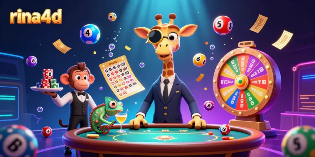 Experience the excitement of rina4d with vibrant lottery elements and animated characters in a dynamic casino scene.