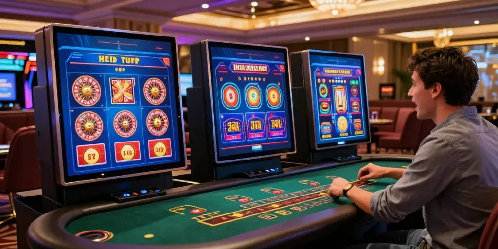 Engaging 2up casino games scene with player excitedly gaming on a laptop.