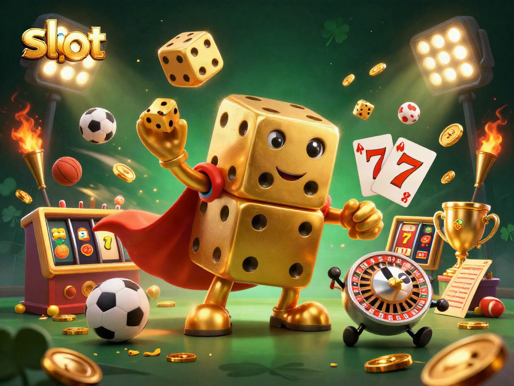 Jelajahi keseruan permainan slot dengan simbol keberuntungan dan dadu emas yang berputar di kasino.