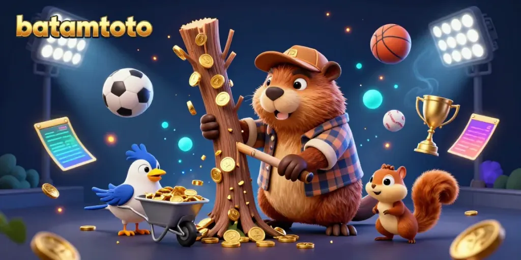 Experience the thrill of batamtoto with a fun 3D beaver and friends amidst a wealth of coins and sports elements.