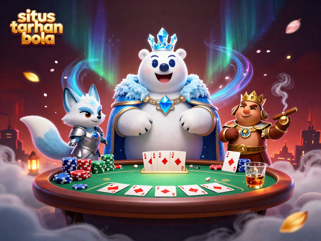 Engage in thrilling taruhan bola action at situs taruhan bola, featuring a frozen polar bear and snow fox amidst vibrant poker elements.