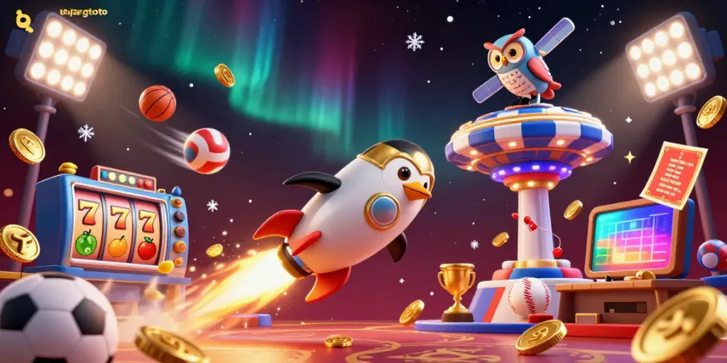 Engage with bujangtoto's dynamic casino adventure featuring a golden penguin, poker chip space station, and energetic sports elements.