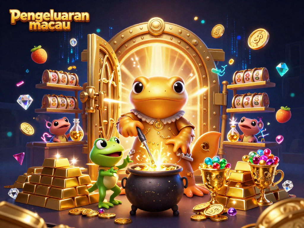 Ilustrasi kasino megah dengan pengeluaran macau yang menampilkan alkemis salamander dan simbol slot bersinar.