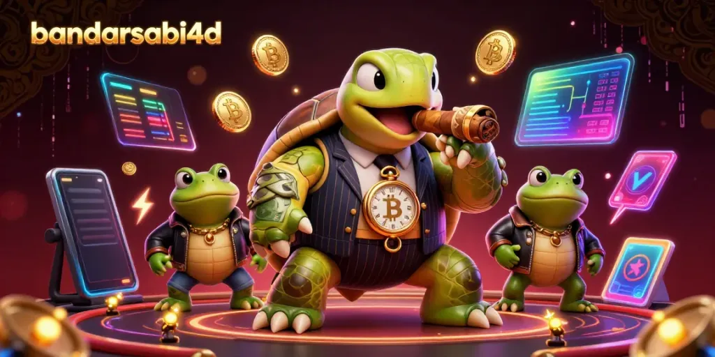 bandarsabi4d menghadirkan ilustrasi kasino 3D dengan kura-kura besar dan penegak bulfrogs di latar belakang