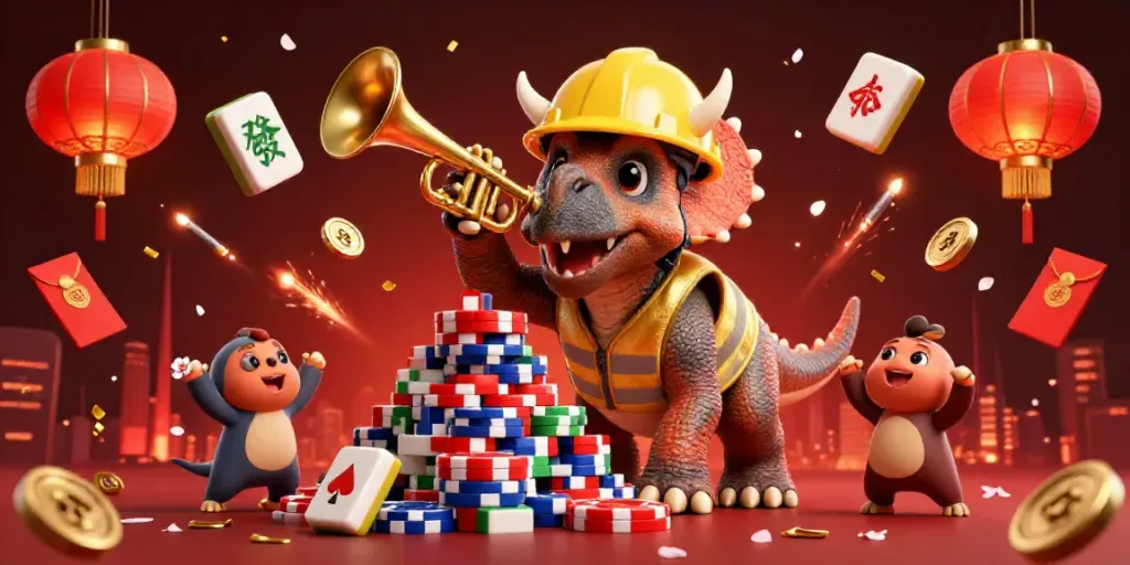 Permainan angka di ahha4d dengan triceratops, mahjong, dan lampion cina berwarna emas.