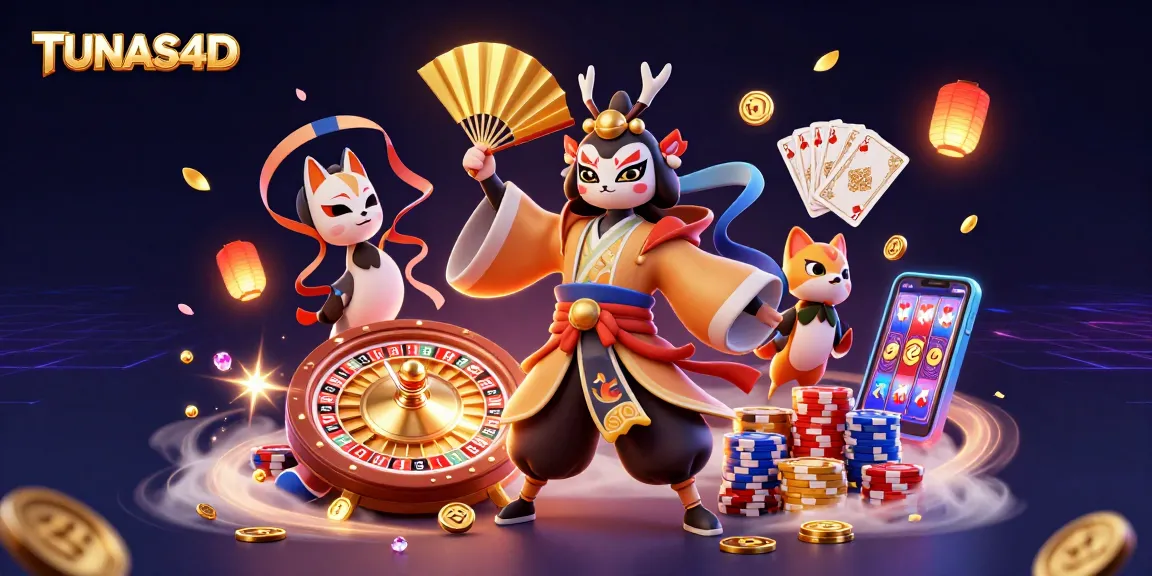 TUNAS4D showcases a vibrant 3D casino scene with kabuki warrior, golden coins, and slot machines for thrilling gameplay.