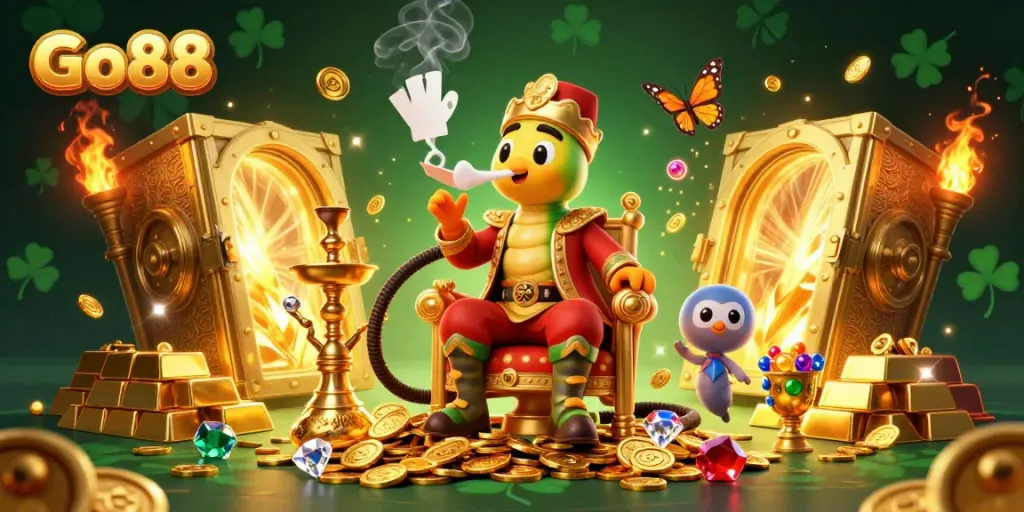 Experience the excitement of Go88 with a vibrant 3D representation of casino thrills, featuring unique characters.