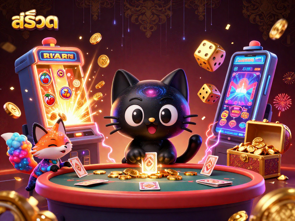 Engage with สล็อต players in a cosmic casino scene featuring a black hole cat pulling in winning chips.