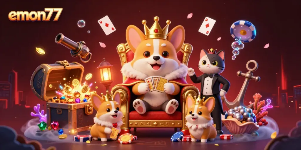 Experience winning strategies at emon77 with a vibrant casino illustration featuring royal corgi and game-themed elements.