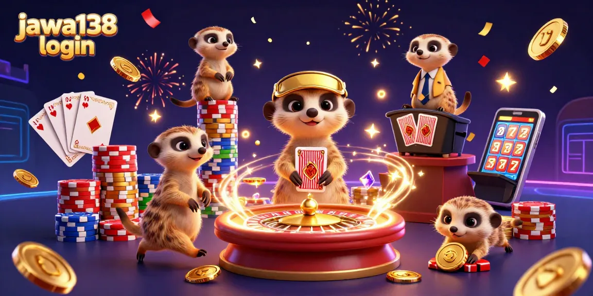Jawa138 login menunjukkan koloni meerkat menjalankan operasi kasino yang ramai dengan suasana energik dan beragam elemen permainan.