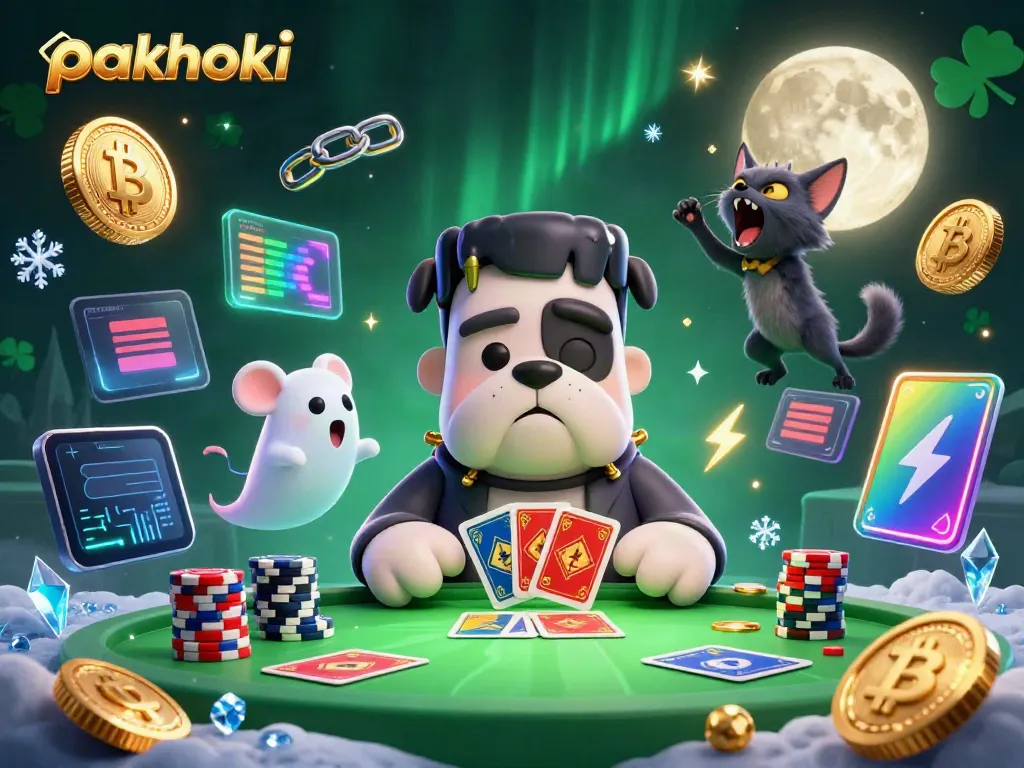 Menggoda keberuntungan di kasino pakhoki dengan karakter unik, poker, dan koin digital mengelilingi meja permainan.