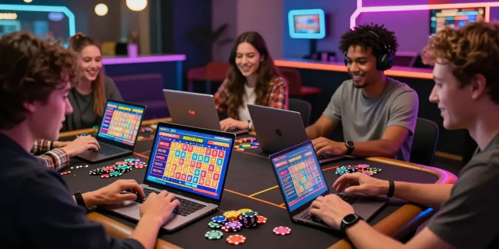 Players enjoying Bandar Togel 4D in a vibrant gaming lounge with excitement and colorful displays.