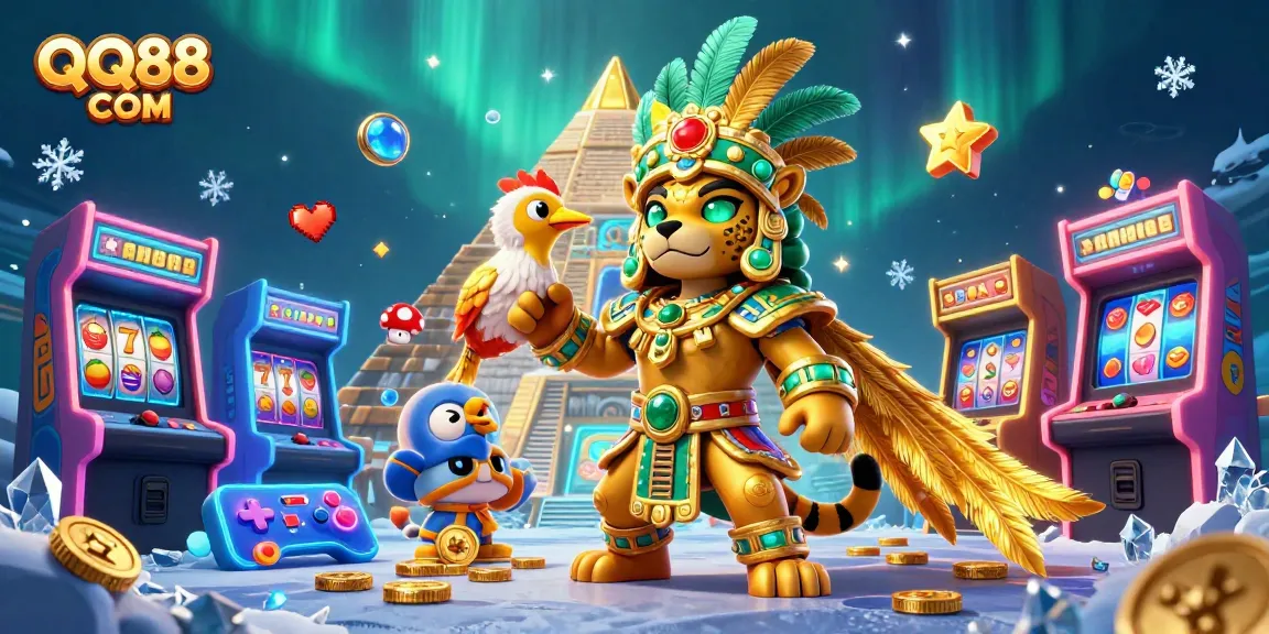 Play thrilling casino games at QQ88 COM while enjoying vibrant 3D illustration of characters and arcade elements in dynamic action.