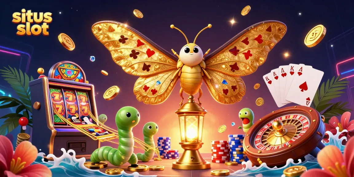 Spin and win at situs slot with vibrant casino-themed 3D illustration showcasing moths and gold treasures.
