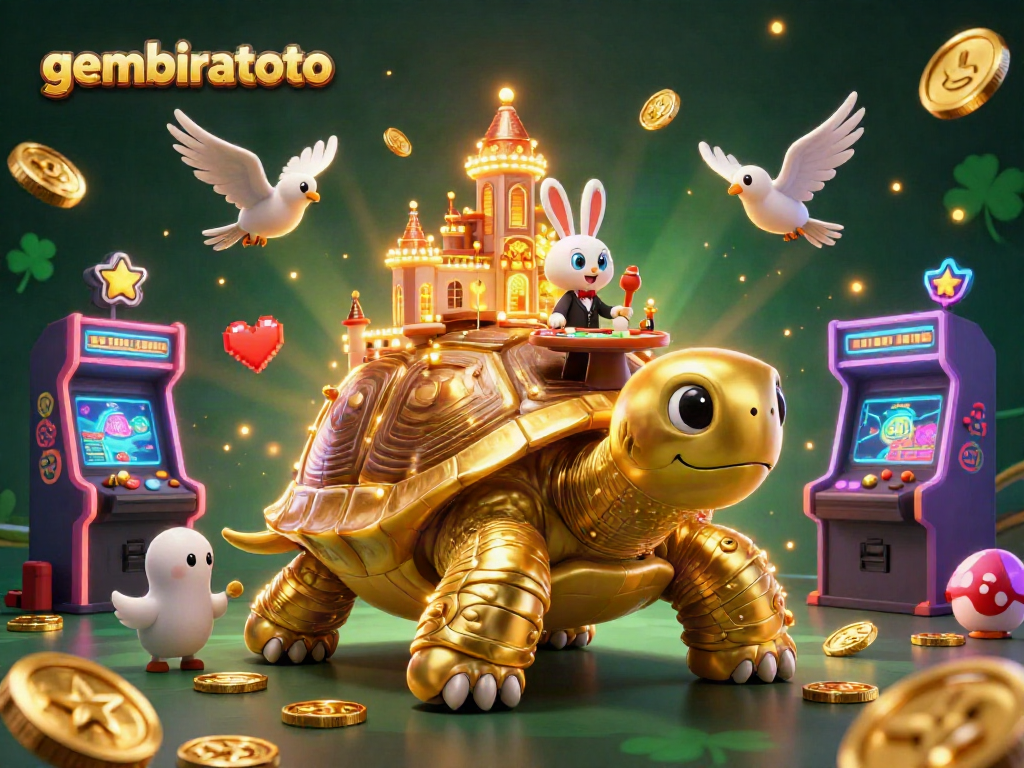 Gembiratoto menampilkan kasino dengan kura-kura emas raksasa dan dealer kelinci, dikelilingi mesin arcade berwarna-warni.