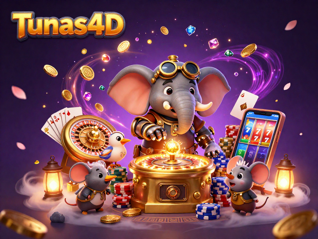 Tunas4D showcases a vibrant scene of an elephant engineer and friends celebrating wins with gold coins and gems.