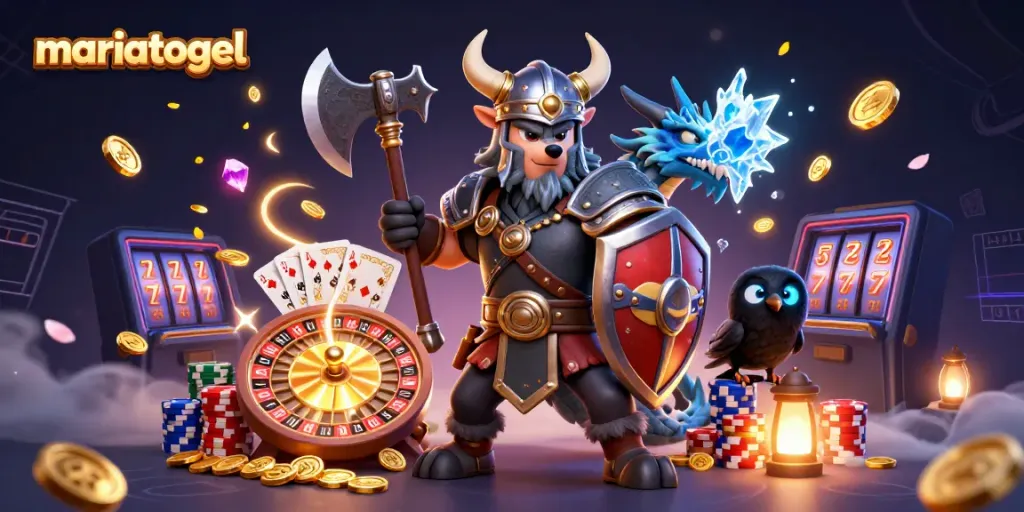 Engage with mariatogel through an exciting 3D illustration of a Viking wolf warrior and dynamic casino elements.