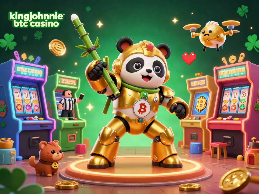 Engage in epic gameplay at kingjohnnie btc casino, featuring a mech-suit golden panda in a lively arcade.