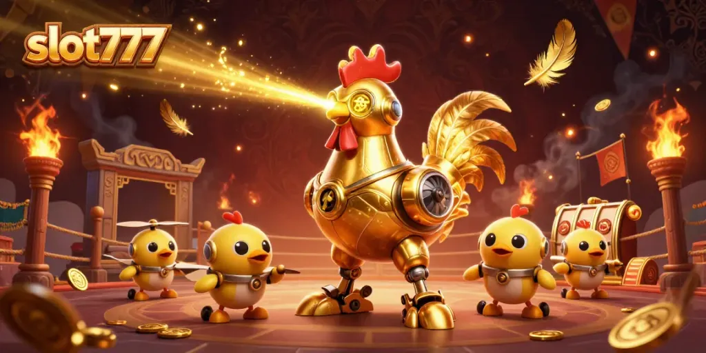 Menang besar dengan slot777, robot ayam emas futuristik dan slot yang berputar!