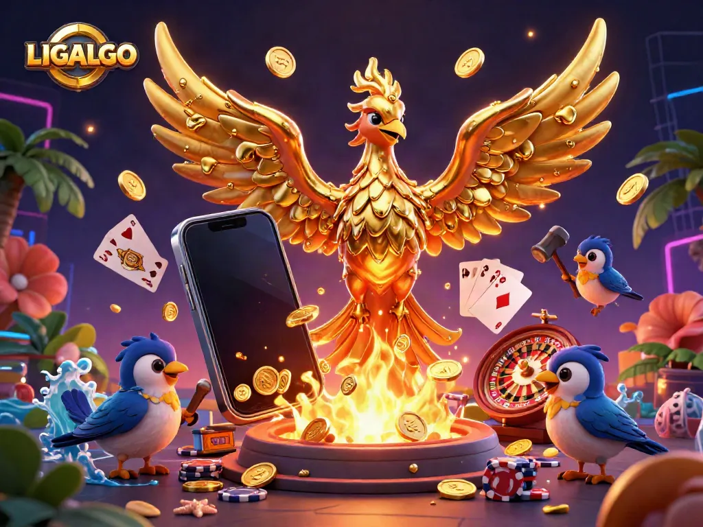 Experience thrilling wins with LIGALGO in a vibrant 3D casino scene featuring a golden phoenix.
