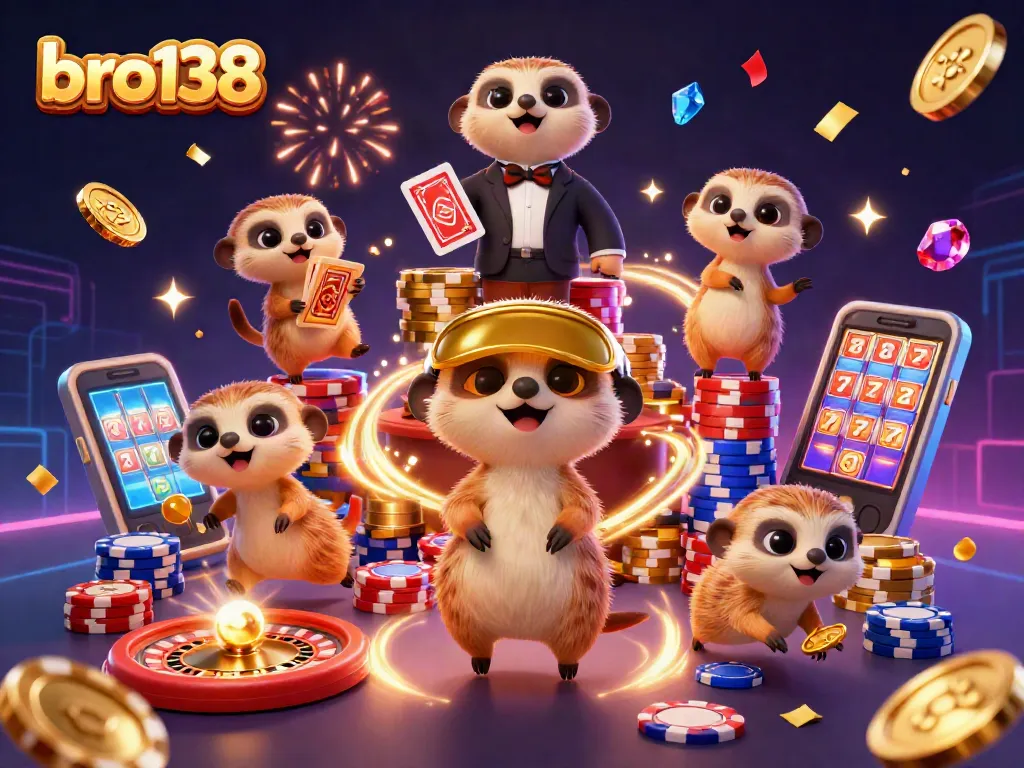 Experience thrilling casino action with bro138's meerkat dealers and jackpot celebrations in a vibrant casino scene.