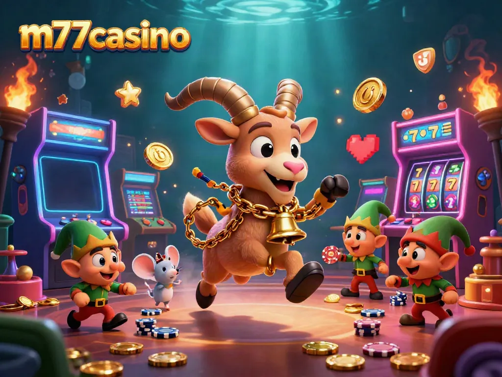Ilustrasi kasino m77casino dengan karakter kartun 3D yang unik dan elemen permainan yang menarik.