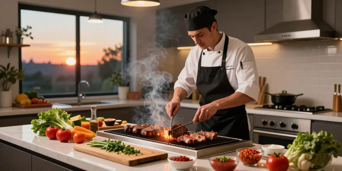 BOS88 Link Alternatif saat seorang koki memanggang daging di dapur modern, dikelilingi bahan segar.