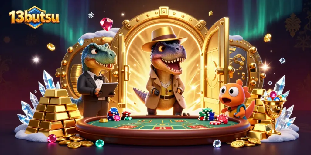 Engaging illustration of 13butsu casino scene with thousands in chips, featuring a velociraptor attempting to blend in.
