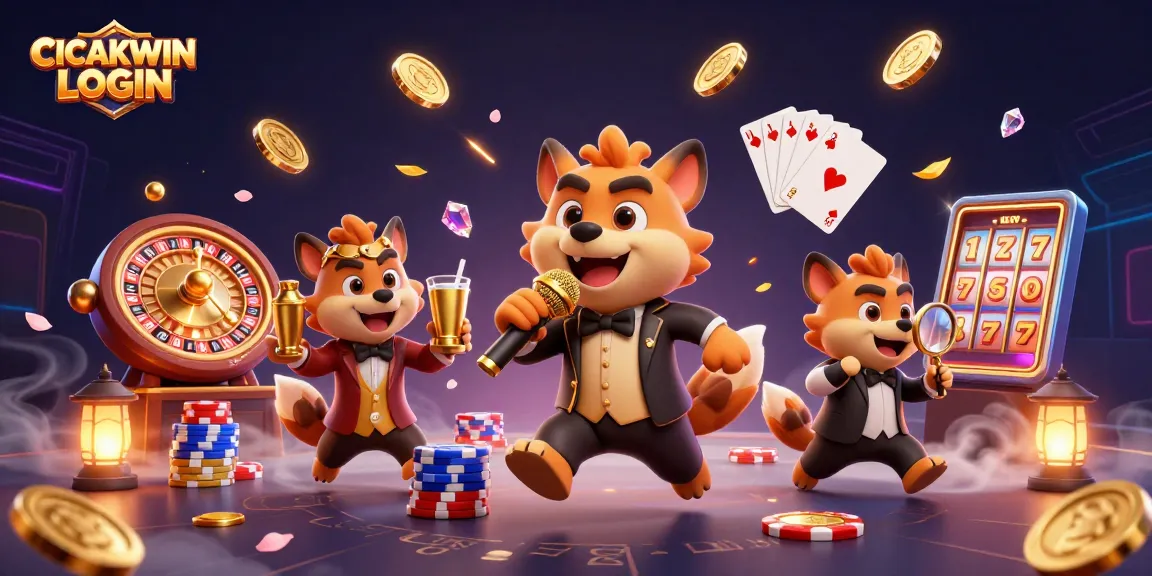 Engage with CICAKWIN LOGIN at a lively casino club featuring hyenas enjoying multiple games and promotions.