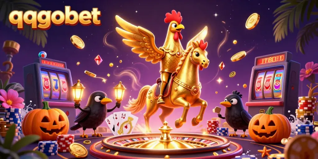 Experience the vibrant energy of qqgobet with golden rooster characters amidst cascading coins and a shimmering casino.