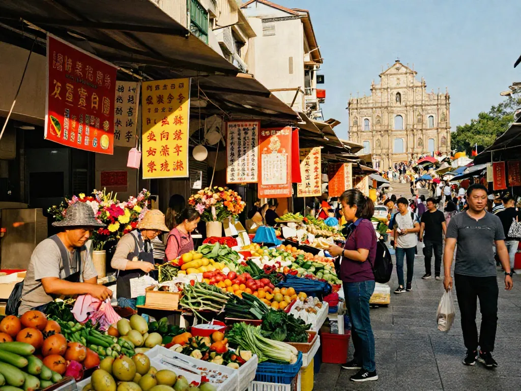 Dynamic Macau market scene showcasing Togel culture and daily interactions with vibrant colors and local vendors.
