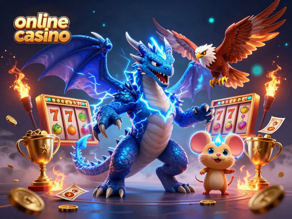 Experience the excitement of an online casino with powerful characters and jackpot elements in a vibrant illustration.