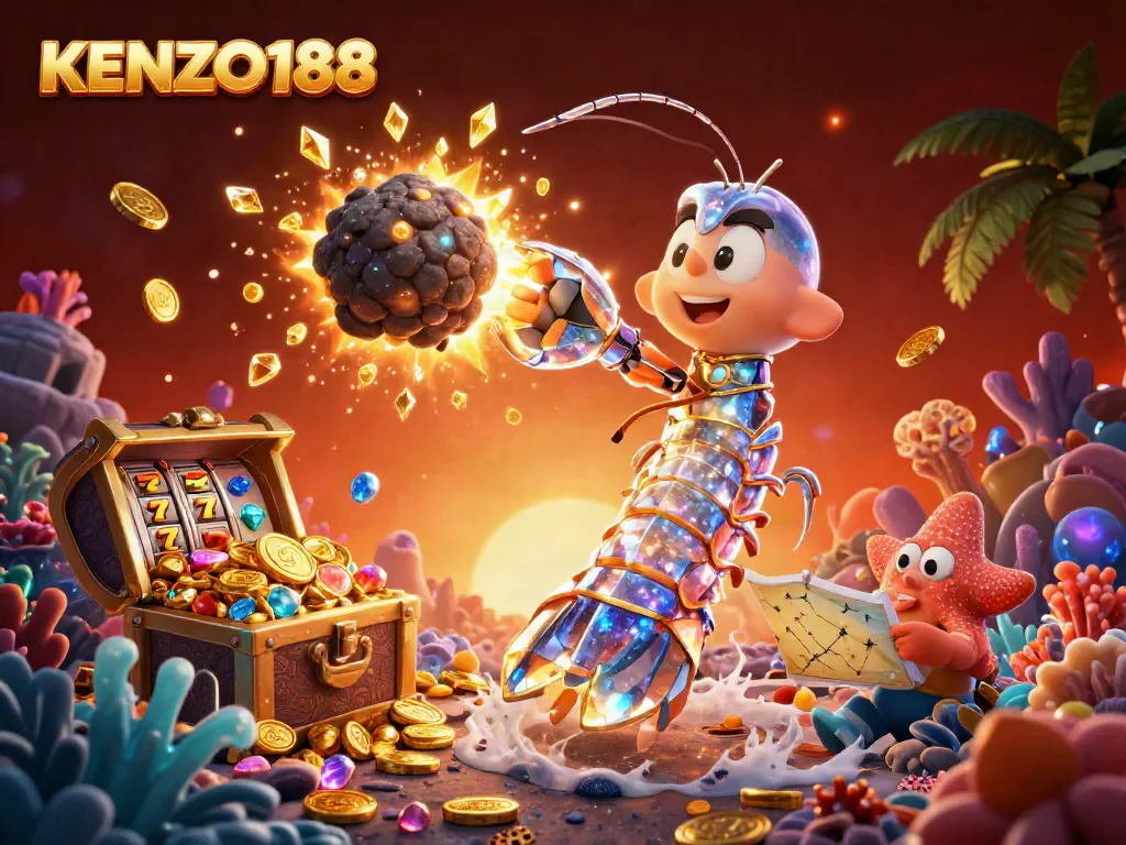 Transformasi KENZO188: Kartun ikan mantis yang beraksi di dunia kasino bawah laut penuh harta.