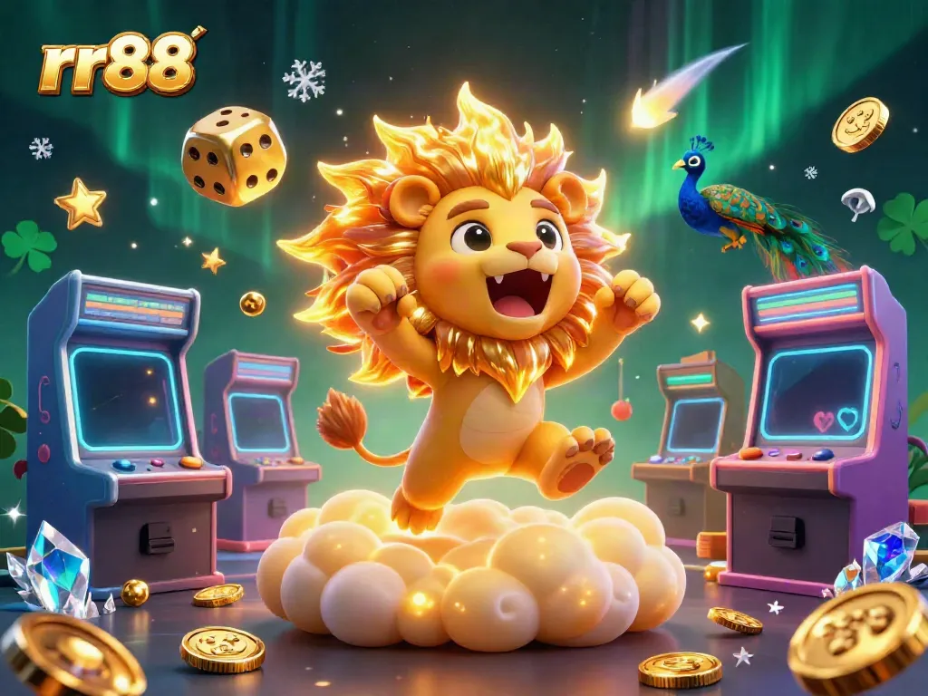 Experience thrilling gameplay with the rr88 lion surrounded by vibrant casino elements and golden dice.