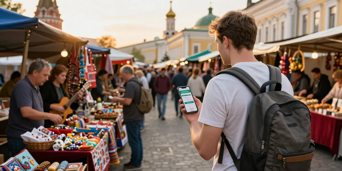 Pengunjung menggunakan aplikasi https://payinrussia.com/ di pasar sibuk Rusia dengan pedagang lokal dan barang tradisional.