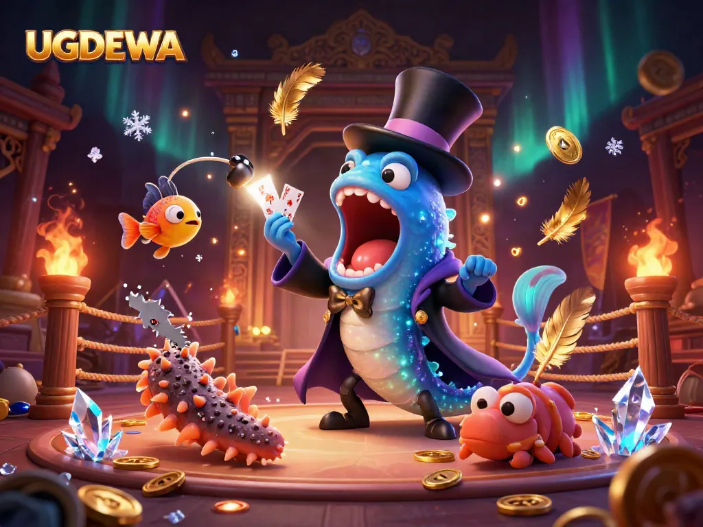UGDEWA showcases a magical casino scene with a gulper eel performing tricks and glowing elements.