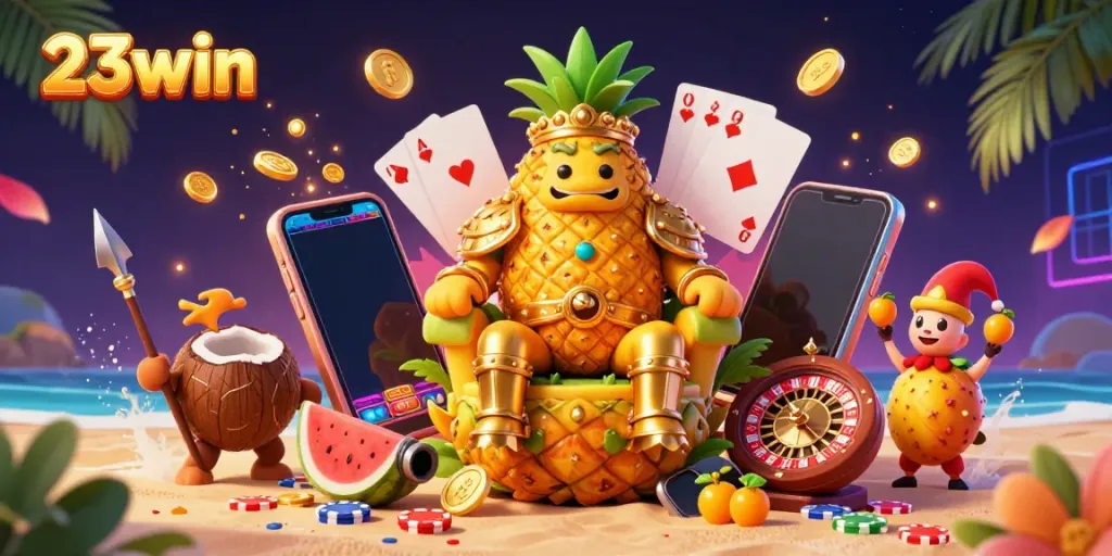Experience the thrill of 23win with vibrant casino elements in a dynamic 3D scene featuring a golden pineapple king.