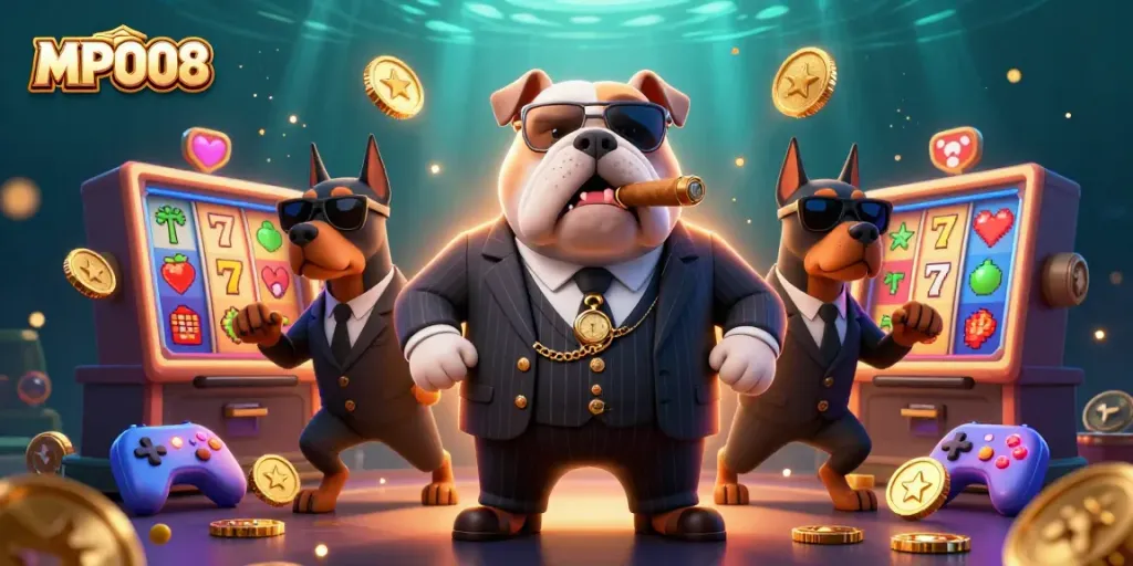 MPO08 slots experience with a mafia bulldog and bodyguard Dobermans amidst vivid slot machines and casino gold.