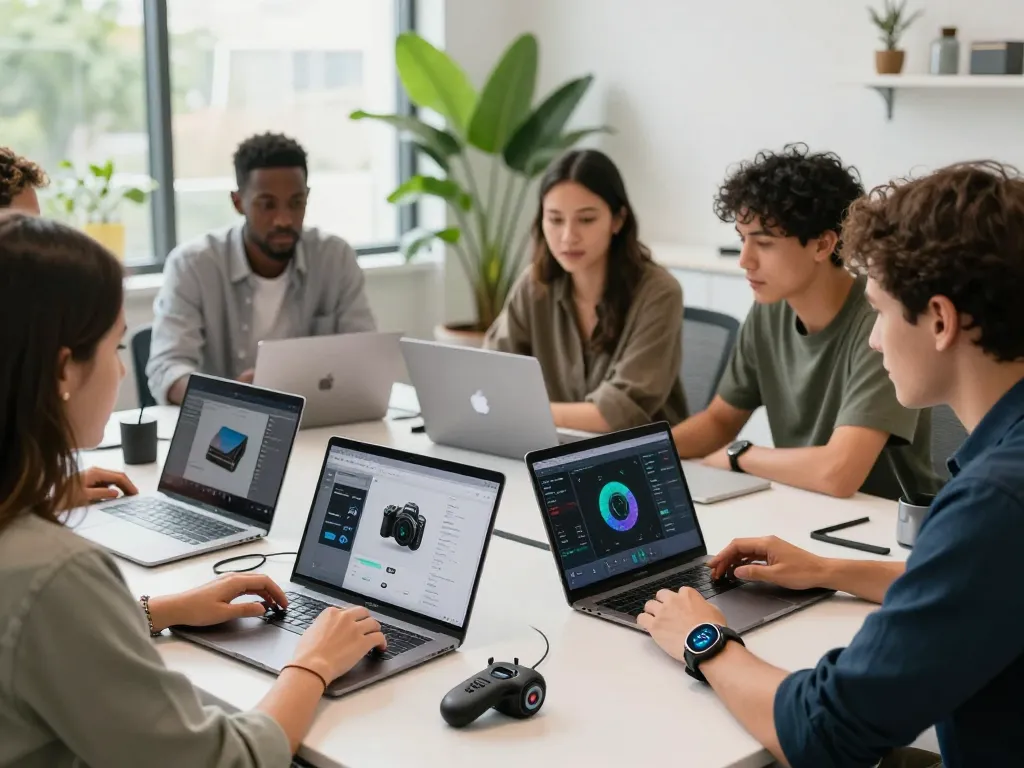 Showcasing the latest tech gadgets 2063 in a collaborative workspace, enthusiasts discuss innovative Bluetooth devices.