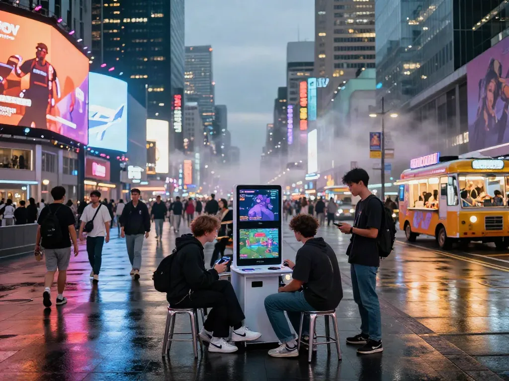 Situasi kota urban yang energik dengan teman-teman bermain game di jalan yang penuh cahaya neon. Alexistoto membawa kegembiraan malam hari.