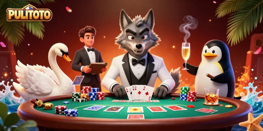 PULITOTO showcases a lively casino scene with a stylish wolf, elegant swan, and penguin, all amidst vibrant gaming elements.