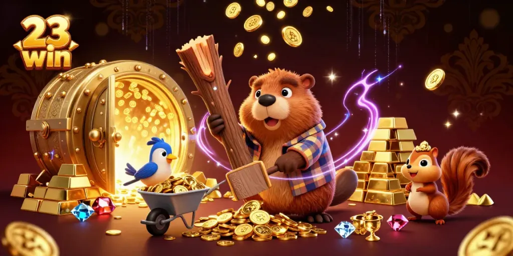 Experience top-tier gaming action with the vibrant 23 win scene rich in gold coins and treasures.
