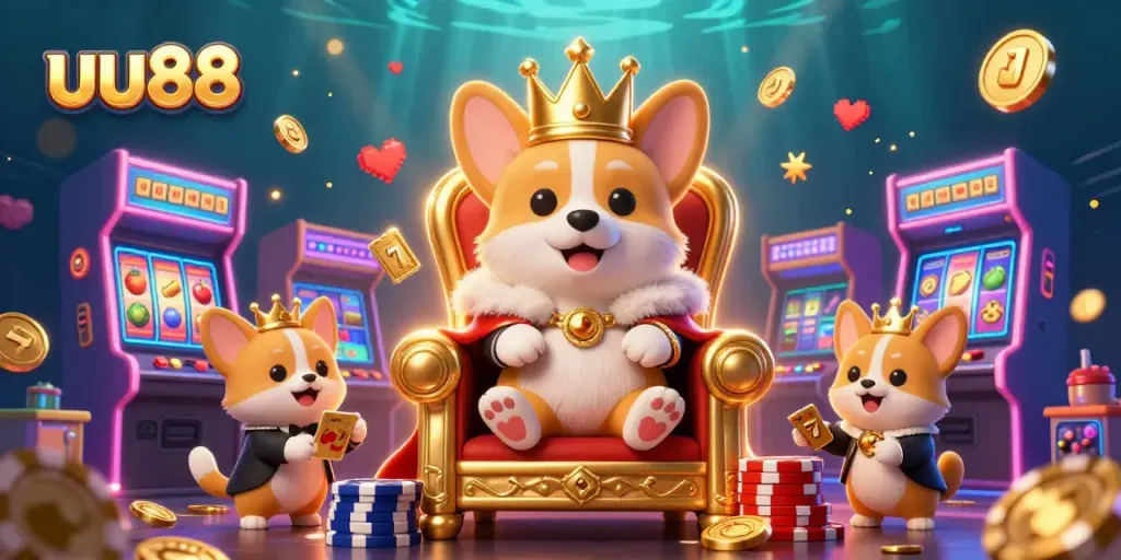 uu88 engages players with a vibrant 3D illustration showcasing slots and casino elements.
