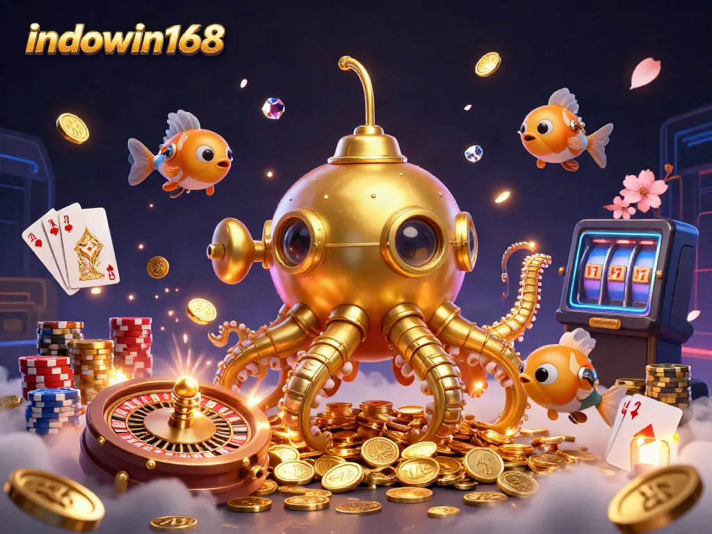 Bermain di indowin168 dengan desain modern yang menampilkan karakter menyerupai kraken dan ikan mekanis, dikelilingi koin emas.