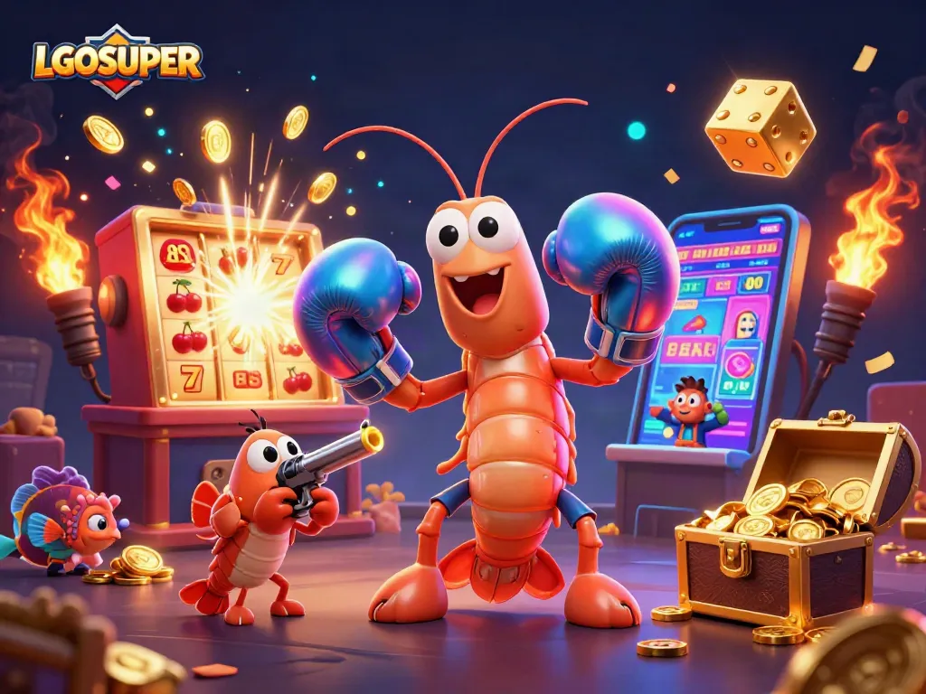 Experience the thrill of LGOSUPER gaming with a vibrant scene of cartoon sea creatures amid slots and jackpots.