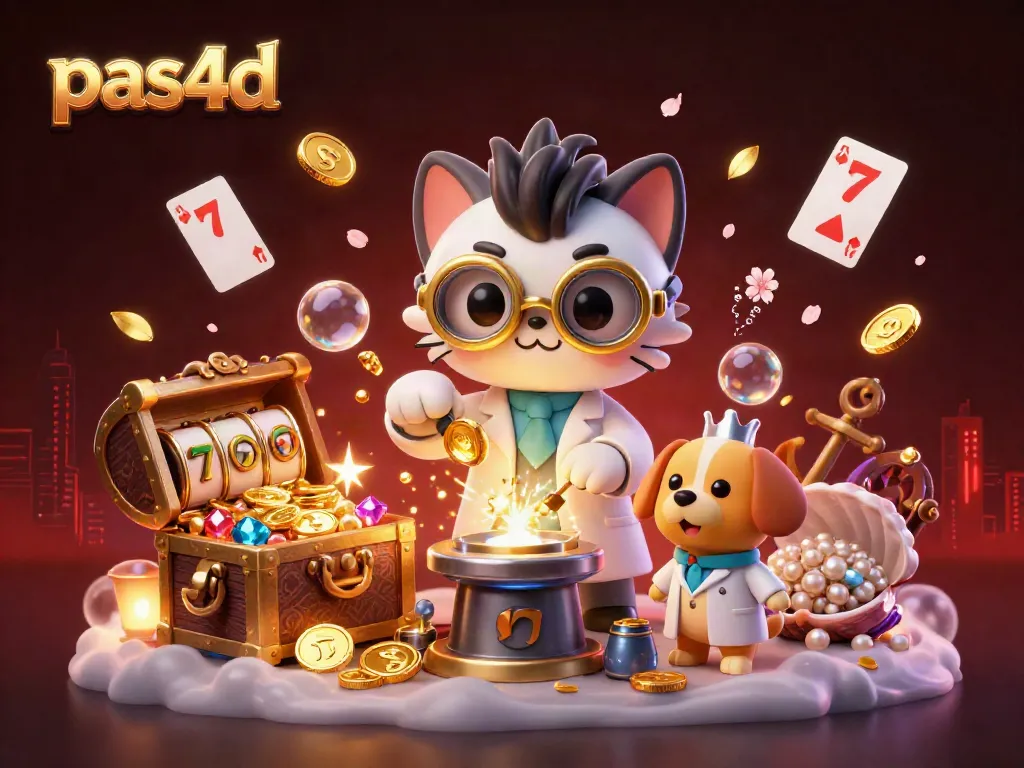 Ilustrasi 3D pas4d yang menggambarkan kucing ilmuwan dan anjing asisten dalam mesin pencetak koin emas dengan simbol slot mengelilinginya.