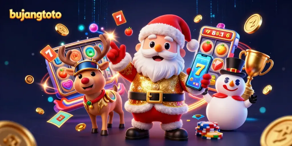 bujangtoto slot games feature cartoon Santa and friends celebrating jackpots at a vibrant casino