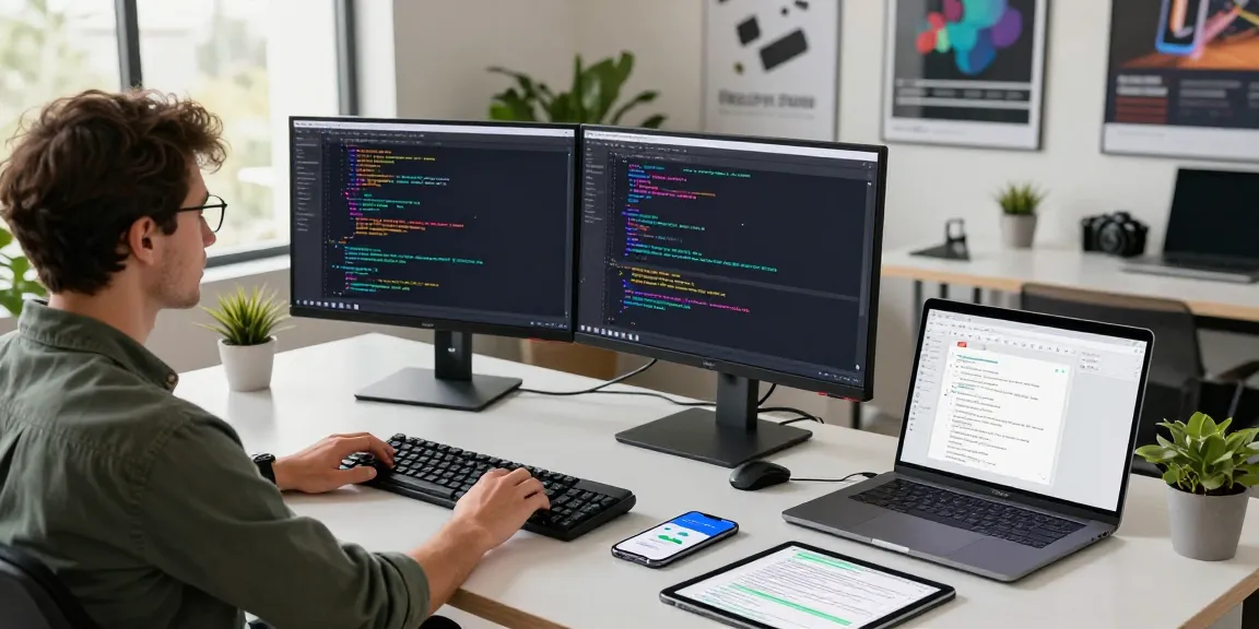 Workspace pengembangan perangkat lunak SGA33 dengan pengembang di meja modern, dua monitor menampilkan kode